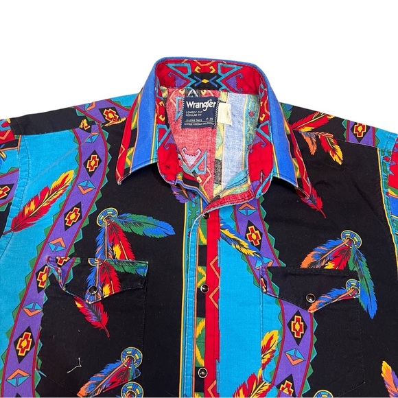 Wrangler Vintage Y2K 90’s Aztec Southwestern Feather Long Sleeve Pearl Snap - Picture 2 of 9
